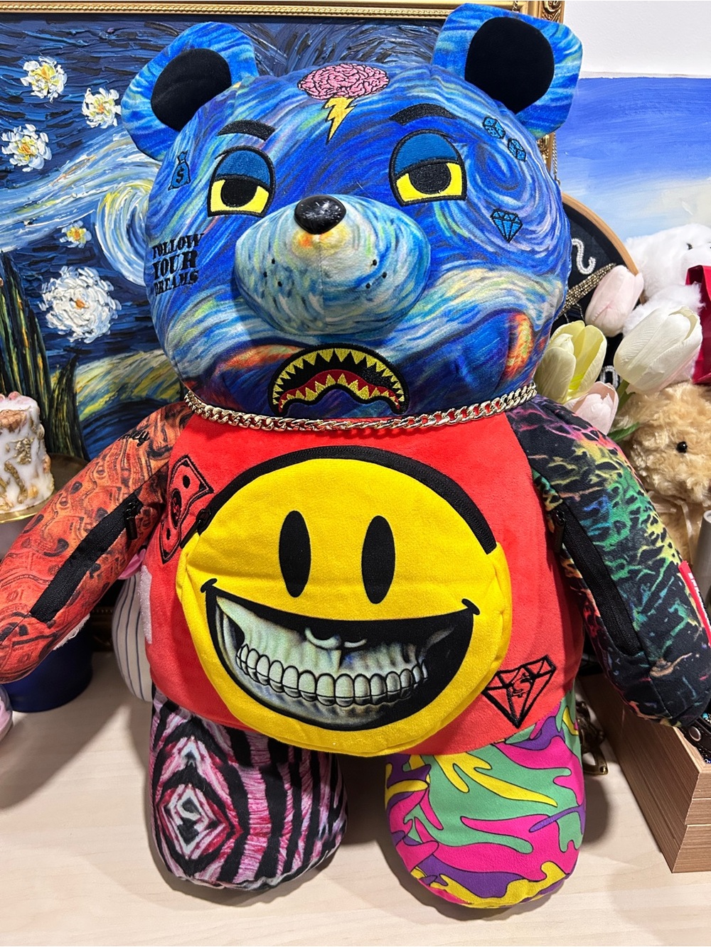 Sprayground Multicolor Plush Bear Backpack with Smile Patch
